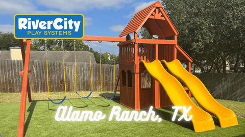 Wooden Playset with Swingset Installed in Alamo Ranch, TX by River City Play Systems