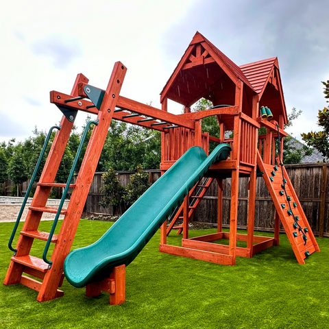 Big tall wooden playset with monkey bars.