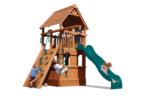 Playground One Premier Fort Swing Set with 5' Platform for Small Spaces with Playhouse